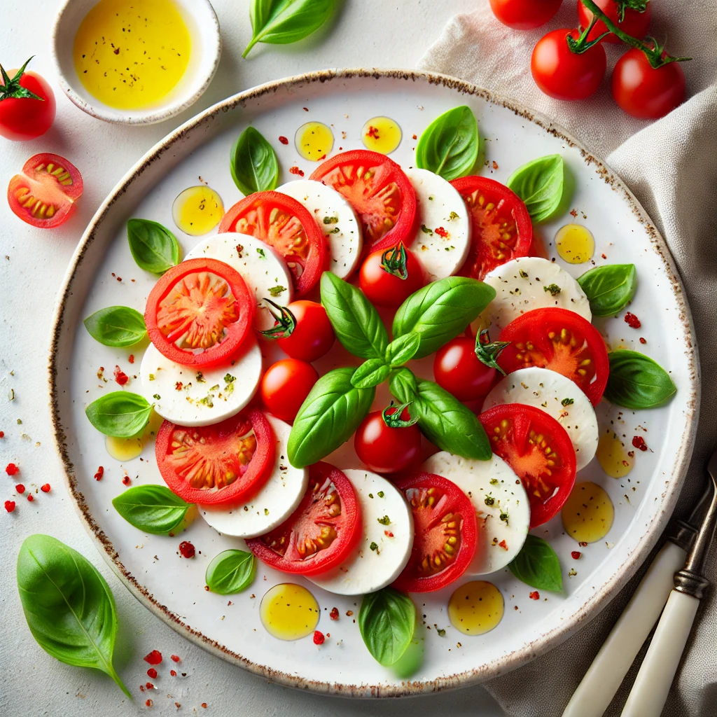 Caprese con caciotta, pomodoro e basilico